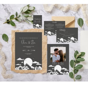 Mountain Wedding Invitation Set, Mountain invitation, Woodland Pine, Rustic Wedding, Lakeside Editable Template, Instant Download