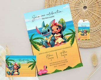 Lilo and Stitch Birthday Invitation Template, Personalized Sibling Digital Kids Party Invite Template, Stitch Party Invite, stitch invite