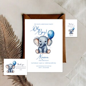 Modèle d'invitation d'anniversaire éléphant, faire-part d'anniversaire ballon bleu éléphant modifiable, ensemble d'invitations garçon, téléchargement immédiat, imprimable
