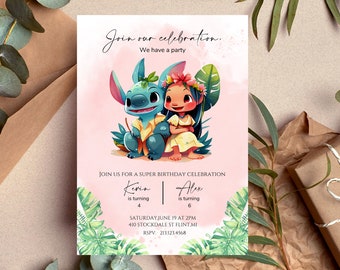 Sibling Stitch Birthday Invitation Template, Personalized Digital Kids Party Invite Template, Stitch Party Invite, stitch and lilo invite