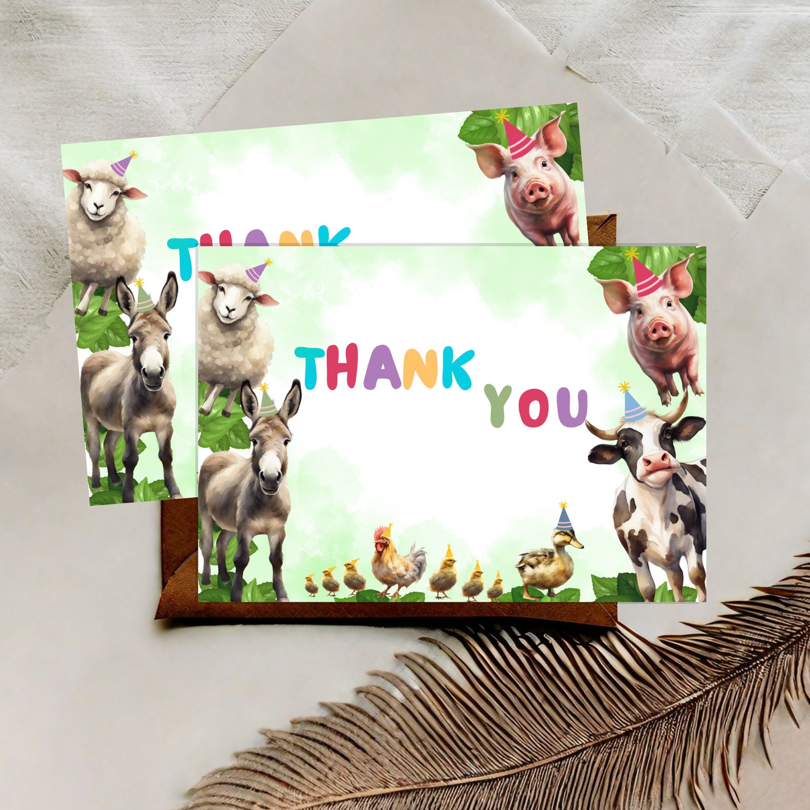 Farm Animals Thank You Card Template, Editable Animals Party 1st ...