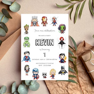 Superhero Kids Birthday Invitation, Avengers birthday invitation, Printable First Birthday Party Invitation, Digital Kids Party Template