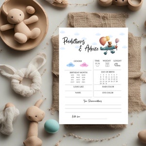 Carte di previsioni e consigli per bambini, Gioco per baby shower dell'orso in aereo, Consigli per i genitori, Desideri per il bambino, Previsioni e consigli per l'orso in aereo