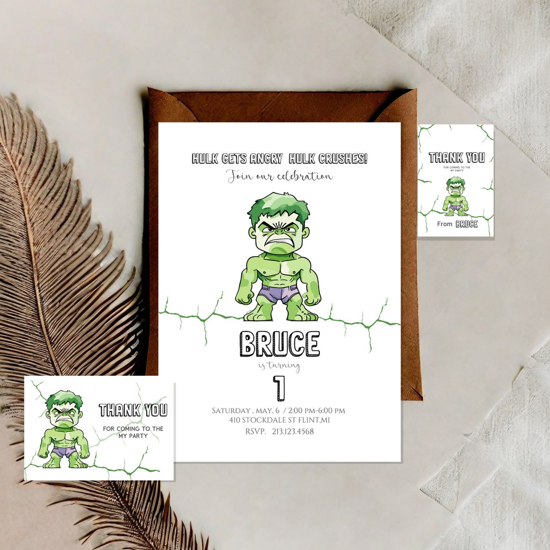 Hulk Birthday Invitation Template, Superhero Birthday Invite, Hulk
