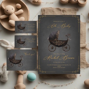 May include: A set of four printable baby shower invitations with a dark gray background and gold accents. The invitations feature a vintage-style baby carriage with gold details. The text on the invitations reads "Oh Baby" and "honoring Rachel Brown".