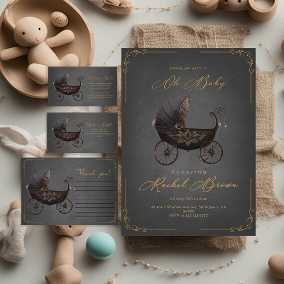 Gothic Gender Neutral Baby Shower Invitation Bundle, Halloween Neutral Nursery Baby Shower Template, Bassinet Baby Instant Download, V2