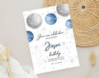 Two the Moon Birthday Invitation, Moon Outer Space Boy invite, Second Birthday Editable Invitation, Boy 2nd Birthday invite, Girl invite