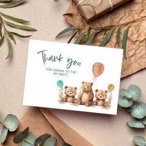 Tarjeta de agradecimiento con osito de peluche, minimalista, para baby shower, plantilla digital