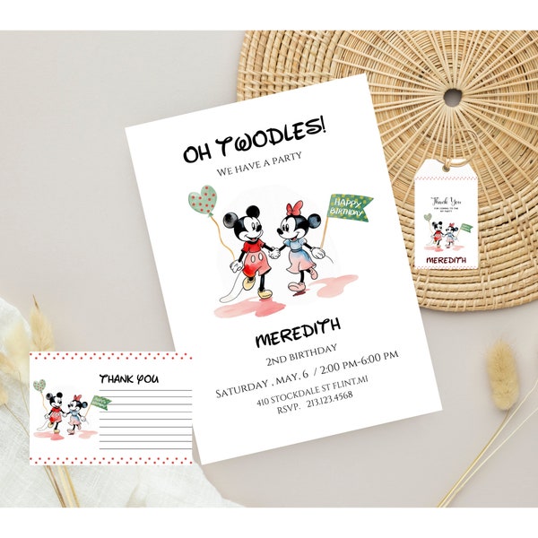 Oh Twodles! Mickey Mouse birthday invitation, Mickey and minnie Mouse invite, Second birthday invite, Editable template, Instant Download