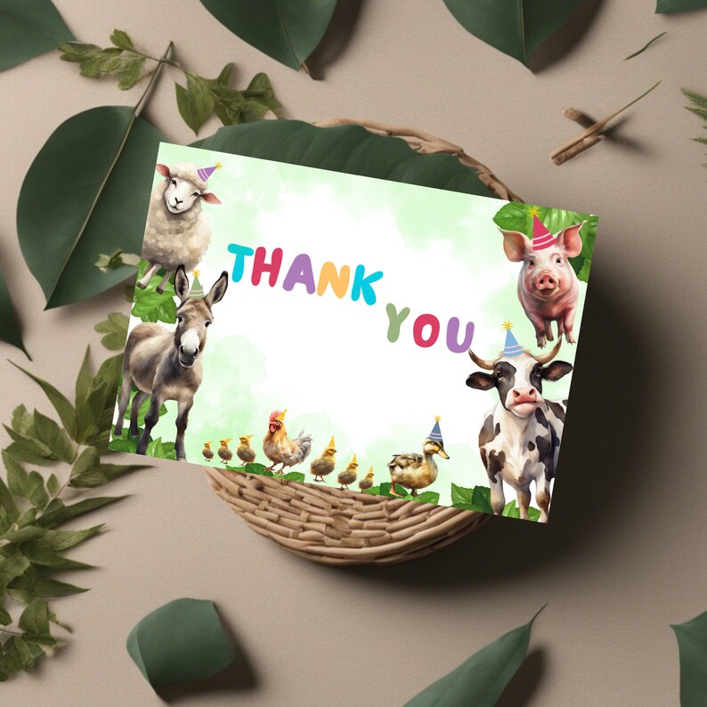 Farm Animals Thank You Card Template, Editable Animals Party 1st ...