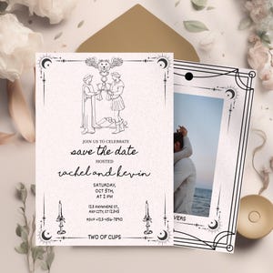 Tarot Card Save The Date Template, Printable Halloween Photo Wedding Announcement, Editable Two of Cups Card Invite, Instant Download