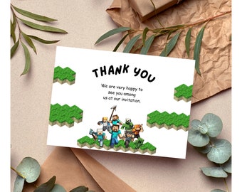 Minecarft Birthday Thank You Card, Minecarft Minimal Thank You Card, Kids Birthday Thank you, Mine Gamer Birthday Thank you card