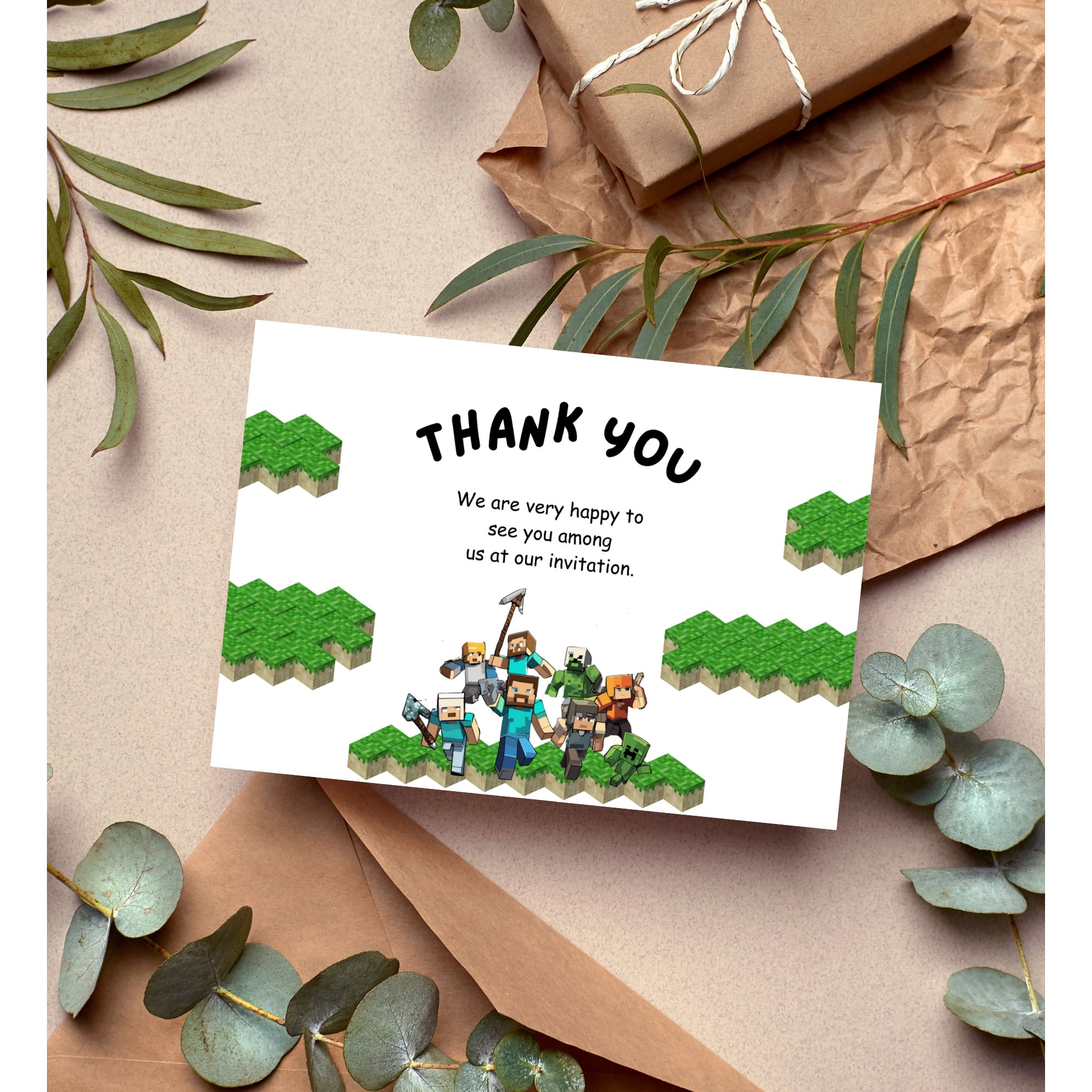 Minecarft Birthday Thank You Card, Minecarft Minimal Thank You Card ...