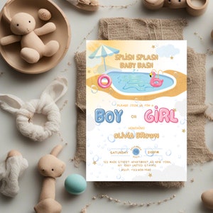 Pool Gender Reveal Invitation, Summer Pool Invitation Template, Waterslide Party Invite, Boy or Girl Party Printable, Instant Download