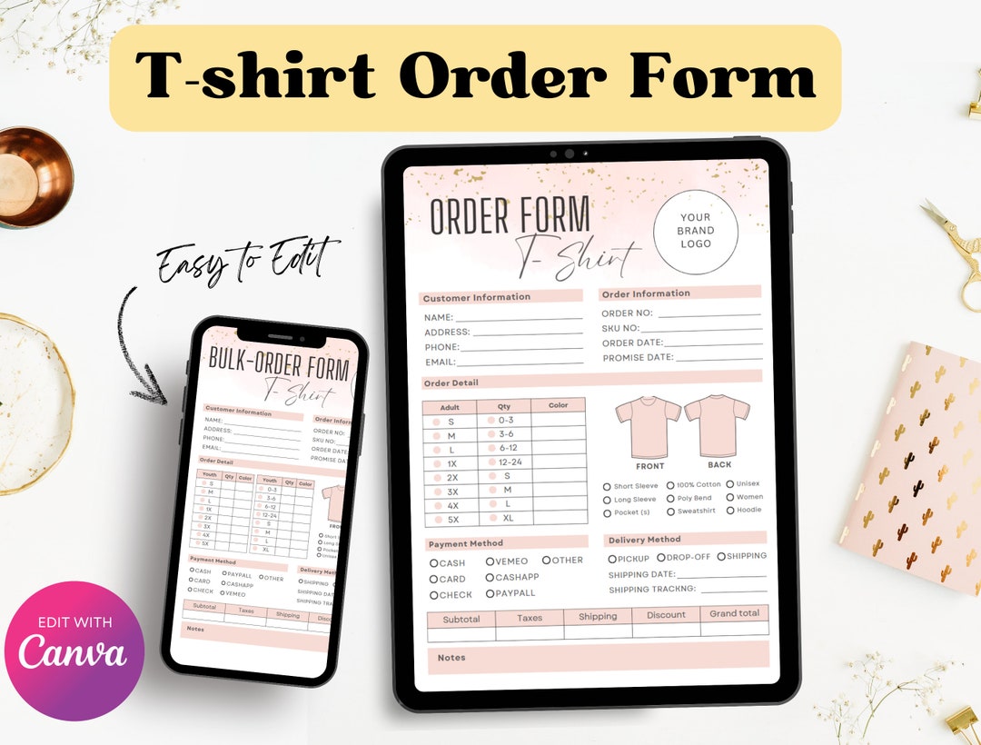 Tshirt Order Form Edit, Fillable T-shirt Purchase Order, Printable T ...