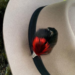 Black and Red Hat Feather Pin, Fedora Hat Feather Pin, Hand Crafted Hat Feather, Feather Broach