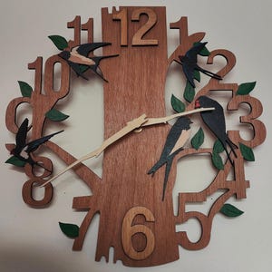 Op de afbeelding: Een houten klok in de vorm van een boom met vogels en bladeren. De wijzerplaat van de klok heeft Romeinse cijfers en de wijzers wijzen naar 10:10.