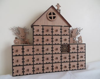 Tom spökhus Halloween adventskalender trälåda i mitten, redo för dekoration, arvegods 3D