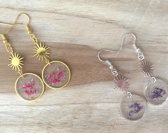 &quot;Sun&quot; hanging earring - handmade - French and artisanal creation - Dried flowers - Women&#39;s earrings - Earrings