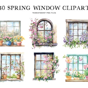 Könnte beinhalten: Satz von sechs Aquarell-Illustrationen von Fenstern mit Frühlingsblumen und Grün. Die Fenster sind in verschiedenen Stilen und Farben gehalten, darunter ein rustikales Holzfenster, ein weißes Fenster mit einem Bogen oben und ein türkisfarbenes Fenster mit einem Gittermuster. Die Blumen sind in Rosatönen, Lila und Gelb.