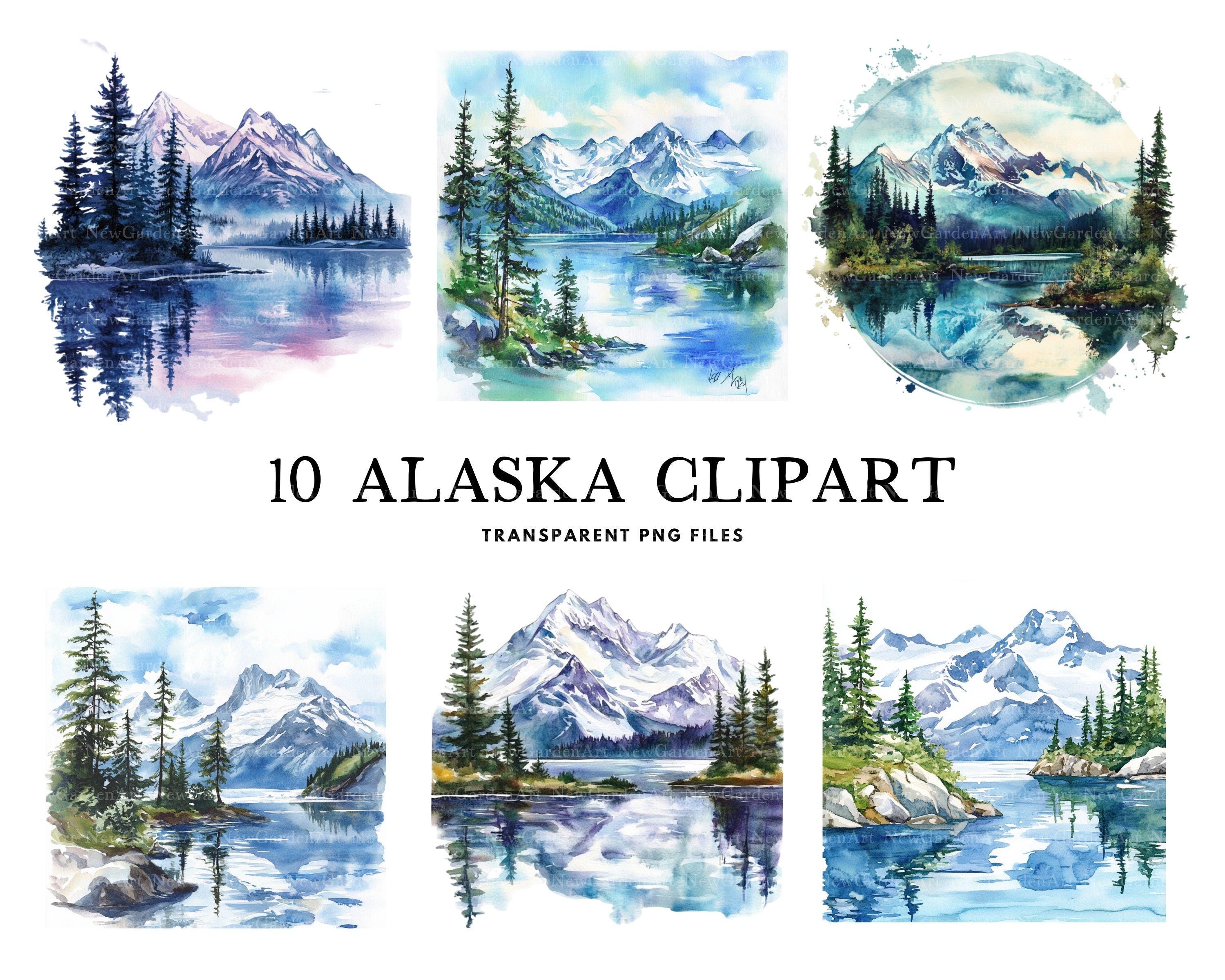 Watercolor Alaska Clipart Bundle, Alaska Png, Alaska Landscape Clip Art, Landscape Illustration, Alaskan Design, Wildlife, Mountain, Nature