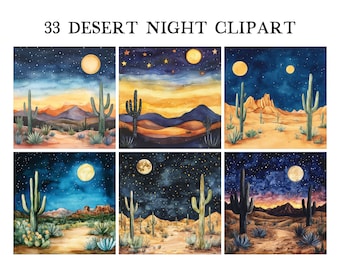 May include: A set of 6 watercolor illustrations featuring a desert night scene with cacti, stars, and a moon. The illustrations are perfect for creating digital or printed products like greeting cards, invitations, or scrapbook pages.