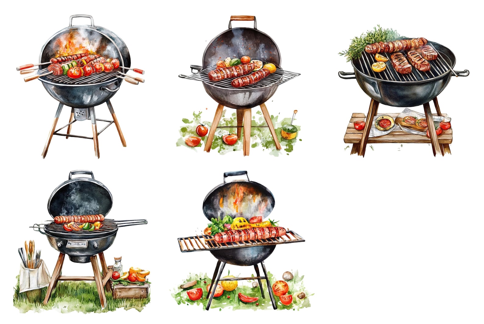 Watercolor Bbq Grill Clipart, Bbq Grill Png Bundle, Bbq Clip Art, Grill ...
