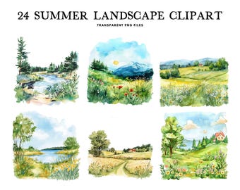 Watercolor Summer Landscape Clipart Bundle, Summer Landscape Png, Summer Clip Art, Scenery Illustration, Nature Design, Forest, Sunny Meadow