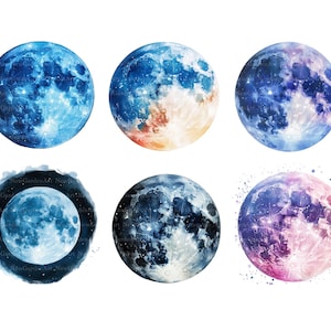 May include: Six watercolor paintings of the moon in different shades of blue, pink, and orange. Each moon has a different pattern of craters and shadows.