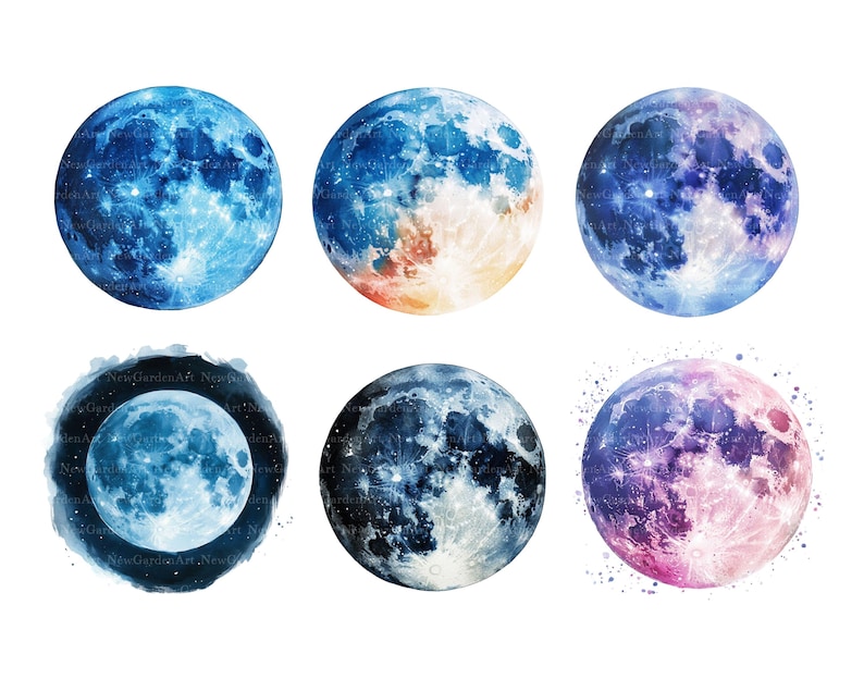 May include: Six watercolor paintings of the moon in different shades of blue, pink, and orange. Each moon has a different pattern of craters and shadows.