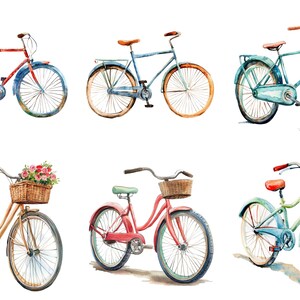 May include: Watercolor illustration of six bicycles in various colors. The bikes have classic designs with features like baskets, fenders, and luggage racks. Each bike has a unique color scheme, including red, blue, and green.