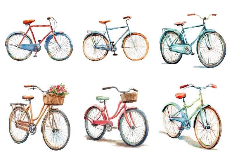 May include: Watercolor illustration of six bicycles in various colors. The bikes have classic designs with features like baskets, fenders, and luggage racks. Each bike has a unique color scheme, including red, blue, and green.
