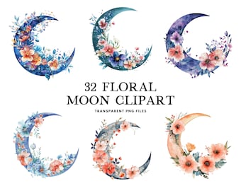 Watercolor Floral Moon Clipart Bundle, Moon Png, Celestial Clip Art, Lunar Illustration,  Design, Free Commercial Use, Instant Download