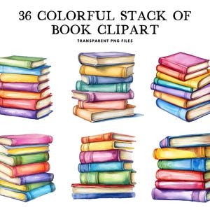 Watercolor Colorful Stack of Book Clipart Bundle, Png Clip Art, Book Illustration, Book Stack Design, Library, Reading, Reader, Book Lover
