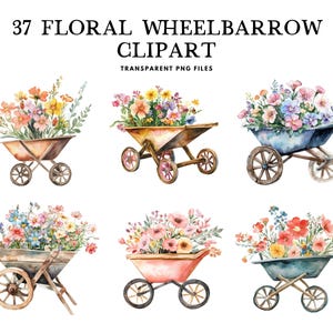 Aquarelle florale brouette Clipart, Png Bundle, clipart fleur, Illustration de jardinage, conception de jardin, ferme, ferme, téléchargement numérique