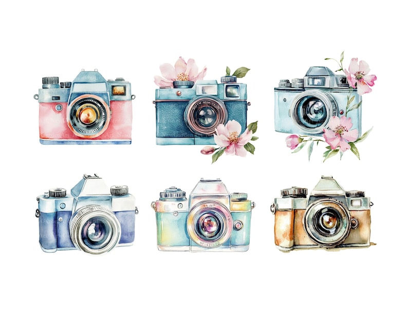 Watercolor Camera Clipart Bundle, Camera Png, Vintage Camera Clip Art, Retro Camera Illustration, Photography Design, Photographer image 2