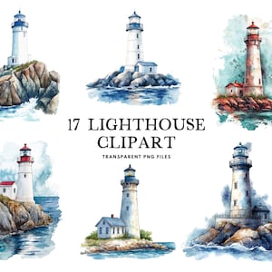 Watercolor Lighthouse Clipart Bundle, Lighthouse Png, Nautical Clip Art, Coastal Illustration, Ocean Design, Beach Clipart, Marine, Seaside