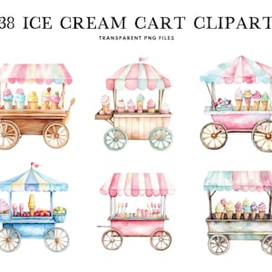 水彩アイスクリームカートクリップアートバンドル、アイスクリームカートPNG、クリップアート、イラスト、アイスクリームスタンドデザイン、夏、冷凍デザートベンダー