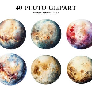 Op de afbeelding: Waterverf clipart van Pluto met verschillende kleurenschema's. De afbeelding bevat zes illustraties van de dwergplaneet, met een reeks kleuren, waaronder bruin, blauw, rood en paars. De tekst "40 PLUTO CLIPART" en "TRANSPARENT PNG FILES" staat bovenaan.
