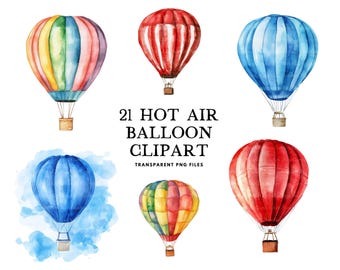 Watercolor Hot Air Balloon Clipart Bundle, Hot Air Balloon Png, Illustration Clip Art Design File Commercial Use Instant Digital Download