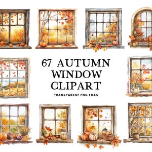 May include: 67 watercolour illustrations of autumn windows with fall foliage, pumpkins, and other seasonal details. These digital clipart images are perfect for crafting, scrapbooking, and other creative projects.