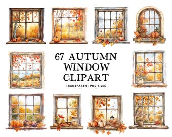 Watercolor Autumn Window Clipart Bundle, Fall Window Scene Png Illustration, Rustic Pumpkin Decor Clip Art Design, Instant Digital Download