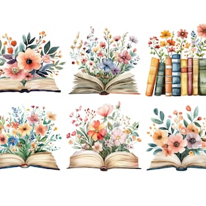 May include: Six watercolor illustrations of open books with colorful flowers growing from the pages. The books are all closed and have a vintage look.