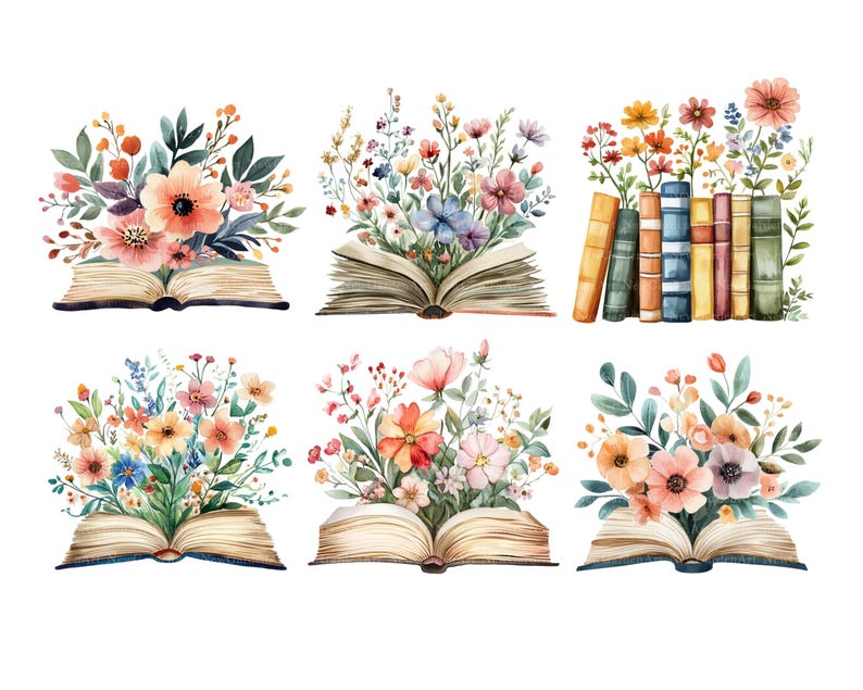 May include: Six watercolor illustrations of open books with colorful flowers growing from the pages. The books are all closed and have a vintage look.
