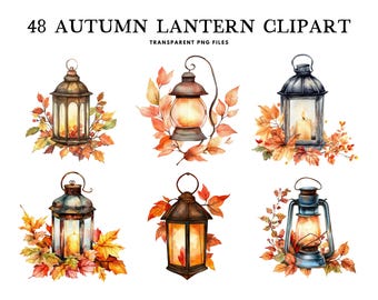 May include: A collection of 48 watercolour autumn lantern clip art images. The lanterns are depicted in various styles, with warm colours and surrounded by autumnal leaves. The text reads "48 AUTUMN LANTERN CLIPART" and "TRANSPARENT PNG FILES".