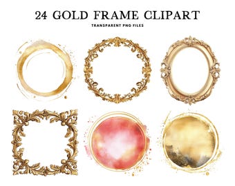 Könnte beinhalten: Das Bild zeigt 24 goldene Rahmen-Cliparts in transparenten PNG-Dateien. Die Designs umfassen verzierte kreisförmige, ovale und quadratische Rahmen sowie goldene Akzente im Aquarellstil. Der Text "24 GOLD FRAME CLIPART" ist oben zu sehen.