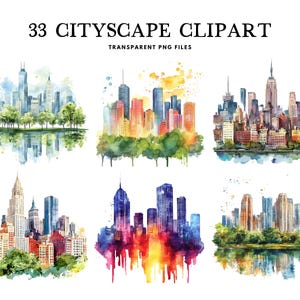 Könnte beinhalten: Ein Set mit 33 Aquarell-Stadtbild-Clipart-Illustrationen. Jede Illustration zeigt eine andere Skyline mit bunten Gebäuden und Bäumen. Die Illustrationen sind perfekt, um Ihren Designs einen Hauch von urbanem Flair zu verleihen.