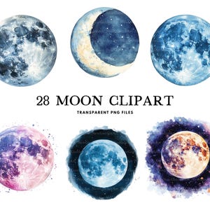 Watercolor Moon Clipart Bundle, Moon Png, Celestial Clip Art, Lunar Illustration,  Design, Free Commercial Use, Instant Digital Download