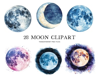 Aquarel maan clipartbundel, maan png, hemelse illustraties, maanillustratie, ontwerp, gratis commercieel gebruik, instant digitale download