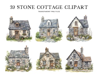 Watercolor Stone Cottage Clipart, Png Bundle, Clip Art Illustration, House Design, Country, Rustic, Commercial Use, Instant Digital Download
